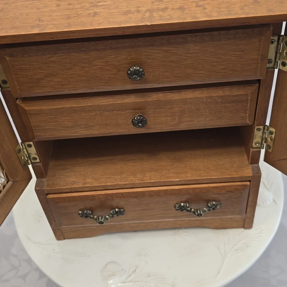 Vintage Mid Century Wood Music Jewelry Box 4 Drawers Mesh Wire Door Metal Pulls